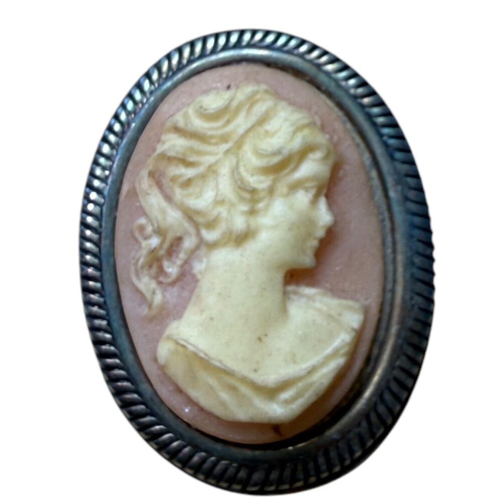 Vintage Cameo Brooch Pin Classic Oval Silhouette Intricate Metal Detailing